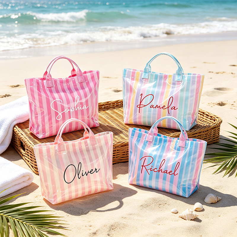 Personalized Girls Beach Traveling Waterproof Striped Tote Bag Custom PVC Pool Bag Bridesmaid Gift Future Bride Tote Reusable Shopper Bag