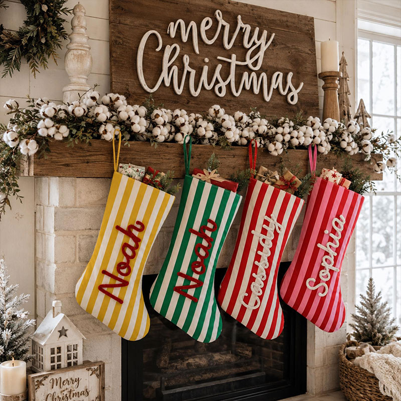 Personalized Christmas Stocking Custom Family Name Xmas Sock Striped Holiday Stocking Family Christmas Gift Boys Girls Stocking