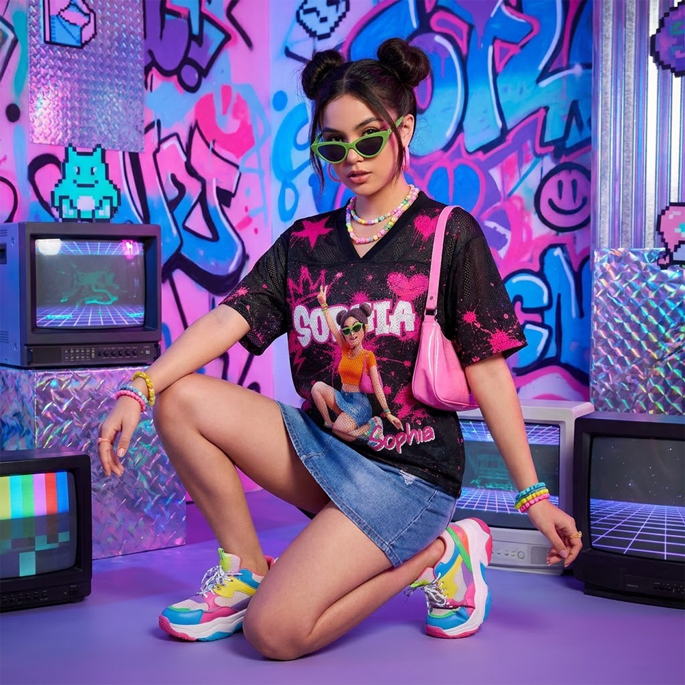 Personalized 3D-Effect Artwork Trendy Graffiti Cartoon Character Photo Soft Mesh Jersey with Name Daily Wear Christmas Holiday Gift for Family Kids
