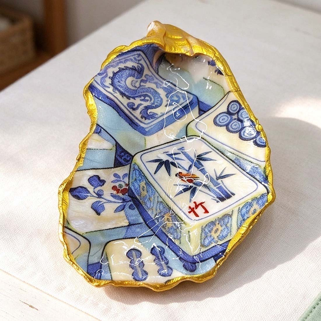 Mah Jong Dice Tra Gold Oyster Shell Mahjong Tile Holder Handmade Trinket Dish Gift for Mahjong Players Bamboo Chic Decor