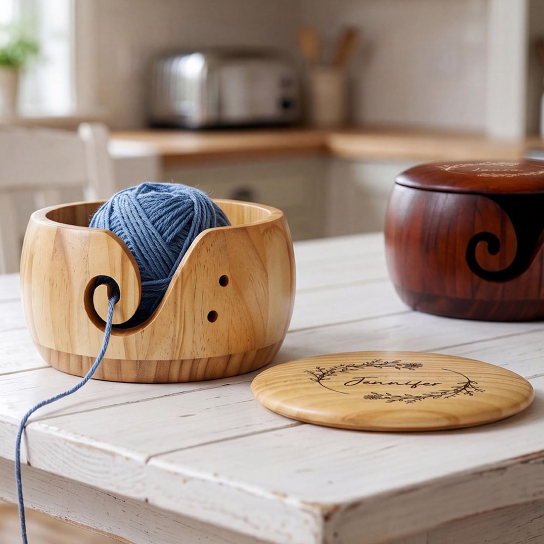 Personalized Birth Flower Wooden Yarn Bowl Custom Name Yarn Holder Yarn Lover Gifts