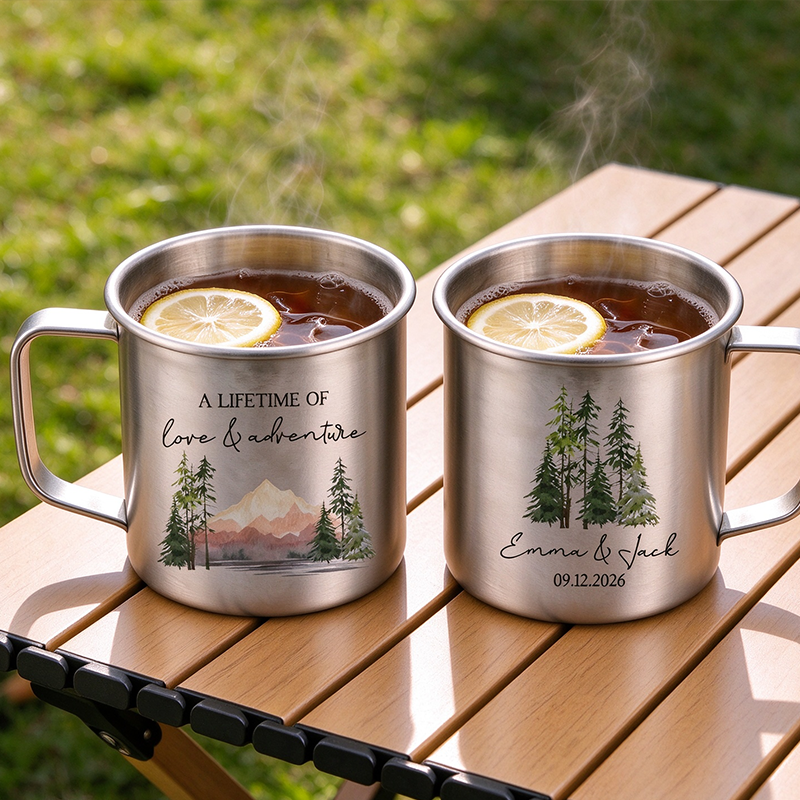 Personalized A Lifetime Of Love And Adventure Titanium Mug Set, Custom Couple Mountain Wedding Anniversary Camping Mugs