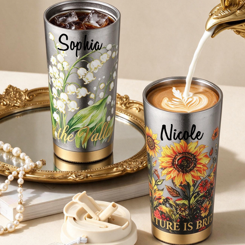 Personalized Floral Art Pure Titanium Travel Coffee Tumbler, Vintage Flower Insulated Cup With Carry Strap, Sunflower Lily of the Valley Iris Mountain Flower Mug