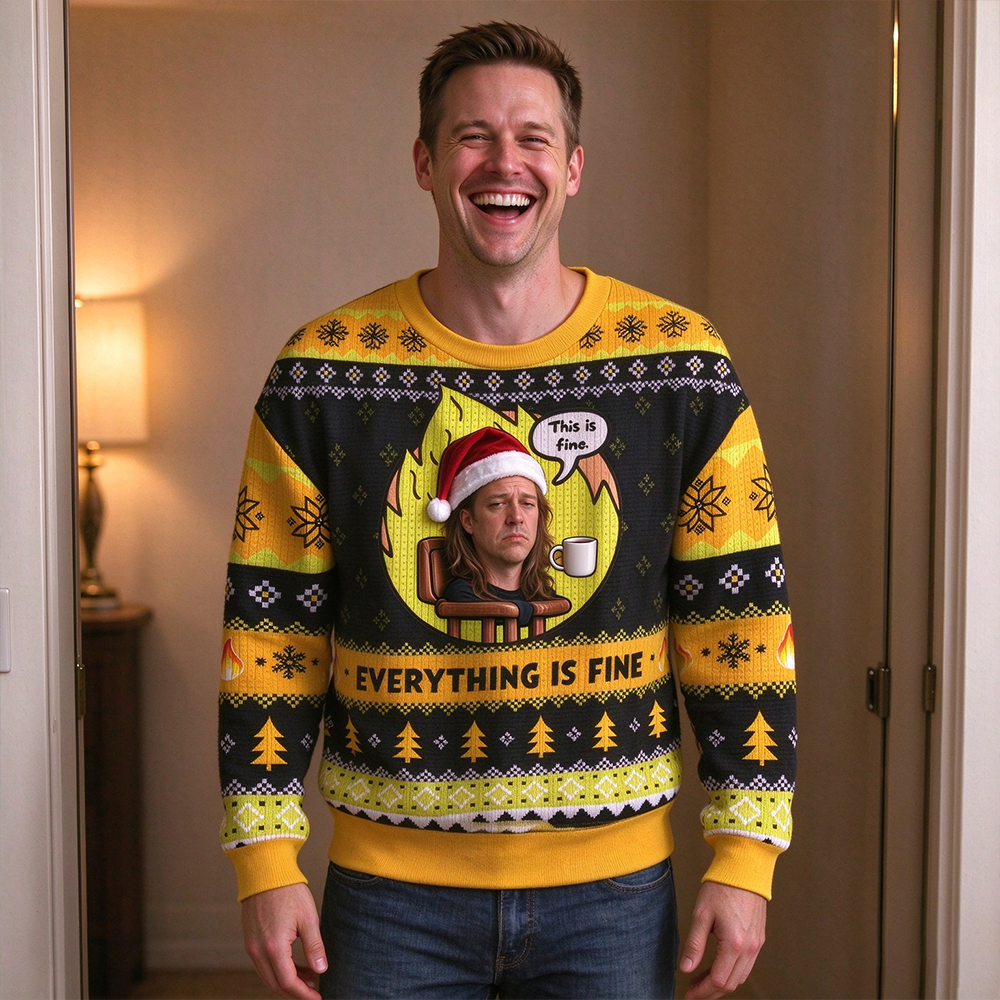 Personalized Photo Funny This Is Fine Ugly Christmas Sweater – Dog Meme Holiday Pullover, Everything Is Fine Xmas Gift