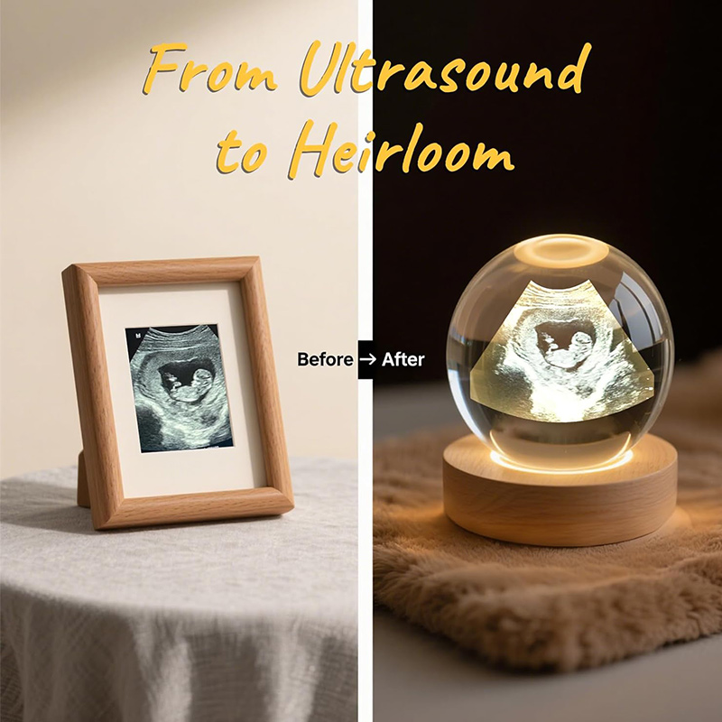 Personalized Crystal Ball Night Light Custom 2D Photo Ultrasound Picture Frames Luminous Wooden Base