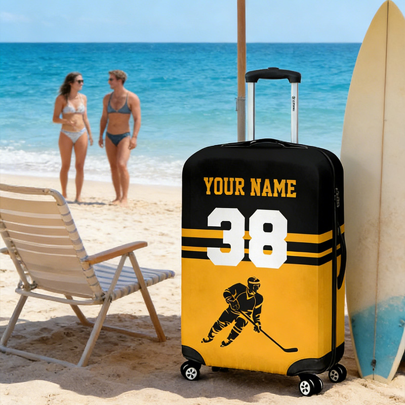 Personalized Hockey Luggage Cover with Custom Name Number and Colors for traveling and Hockey Lovers