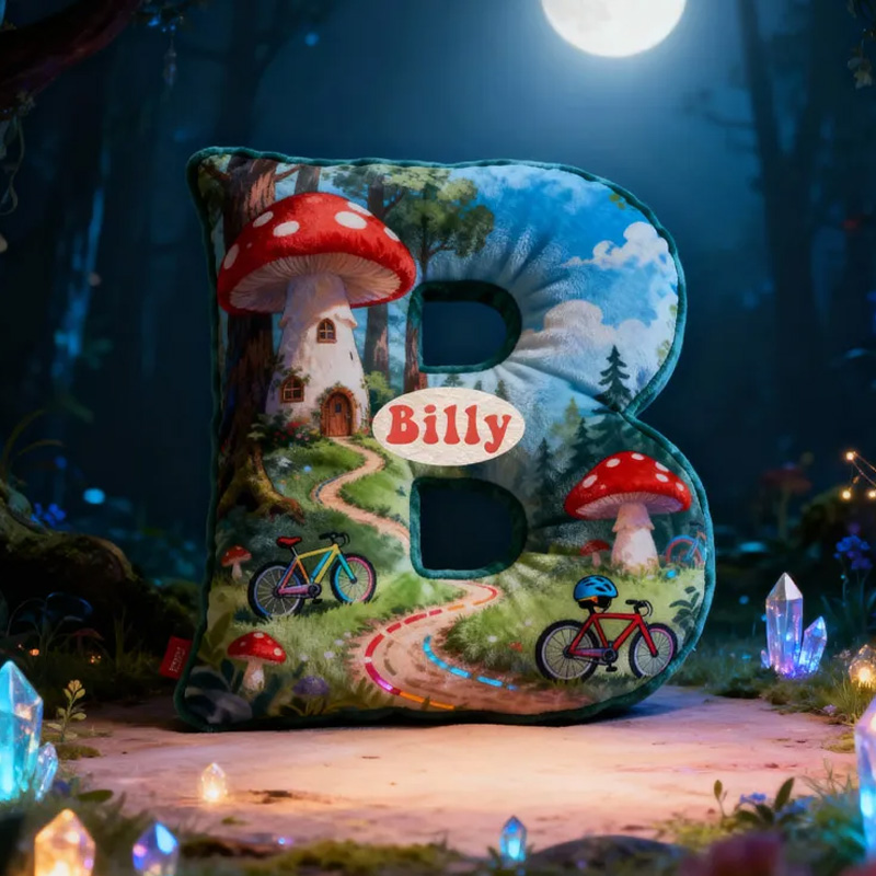 Personalized Forest Mushroom Bicycle Adventure Letter Pillow Custom Name Festive Decor with Bicycle Adventure Gifts for Family Graphic 3D Print Cycling Riding Lovers