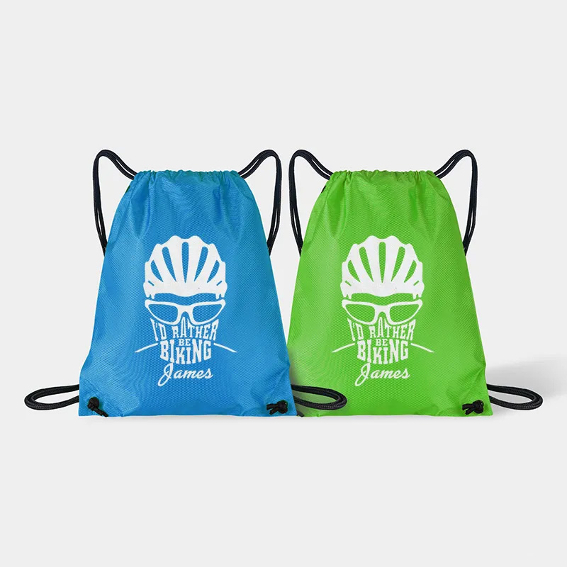 Personalized Drawstring Bag about Id Rather Be Biking Sports Backpack Bags Biker Typography Graphic Eco Friendly Tote Bag Bike Enthusiast Gift