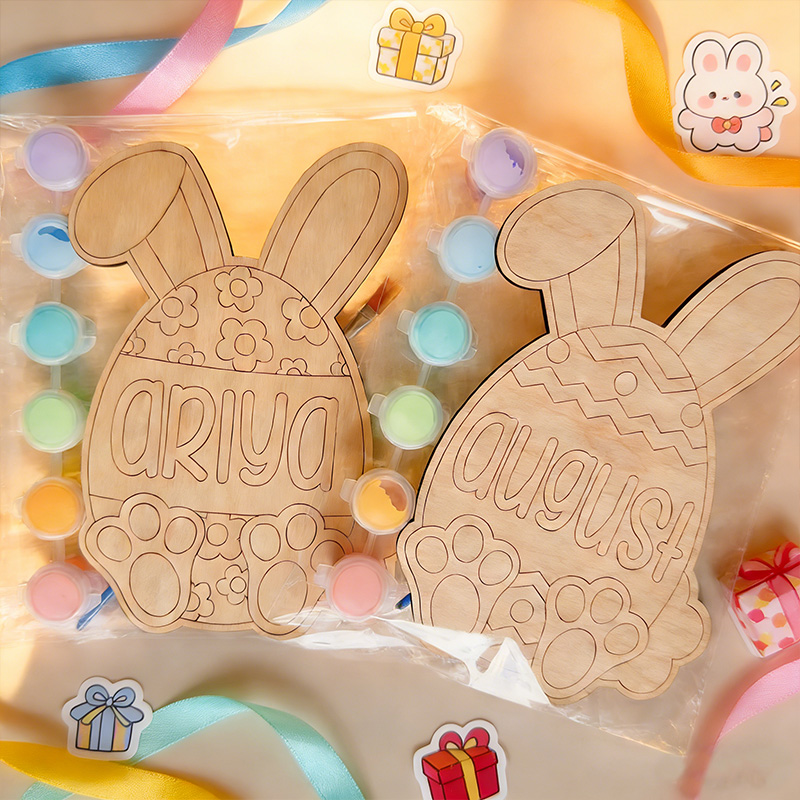 Personalized Easter Bunny Color Kit Custom Name Wooden Easter Egg Kids DIY Paint Set Easter Basket Stuffer Gift for Kids Toddler Craft Wood Bunny Craft