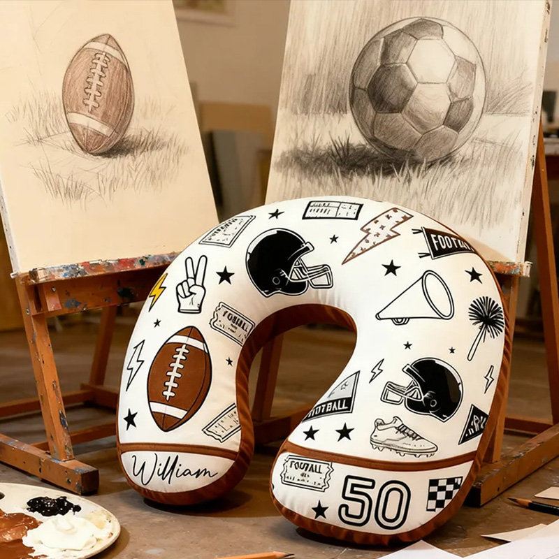 Personalized Football-Themed U-Shaped Pillow with Custom Name and Stylish Design