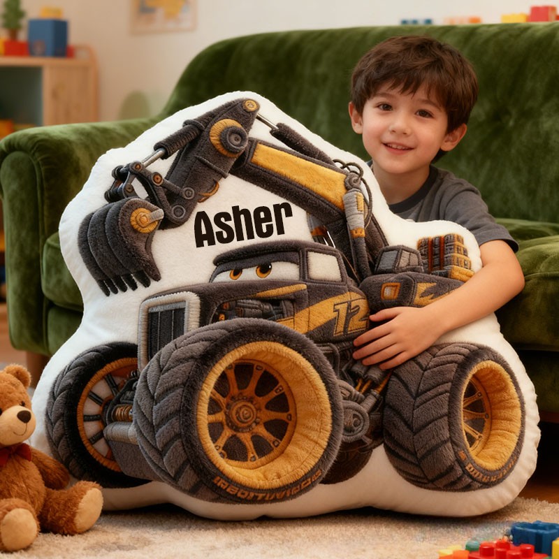 Personalized Cool Excavator with Name Graphic 3D Print Pillow Christmas Gift for Kids or Baby Birthday Gift