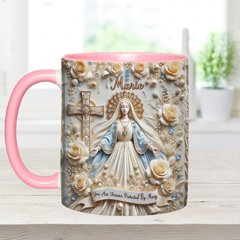 Personalized you are Forever Protected by Mary Ceramic Mug with Name Religious Inspirational Gift Catholic Gift for Women