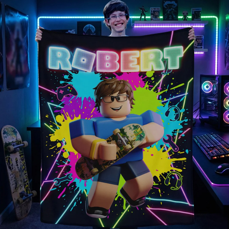 Personalized Neon Game Theme 3D Cube Style Photo Splatter Paint Soft Throw Blanket with Name Gaming Room Decor Birthday Gift for Gamer Kid