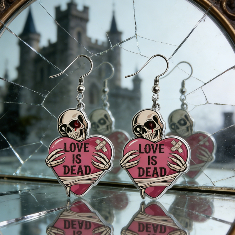 Personalized Acrylic Skull Heart Statement Earrings Dark Sweet Goth Style with Customizable Text for Edgy Fashion Fans