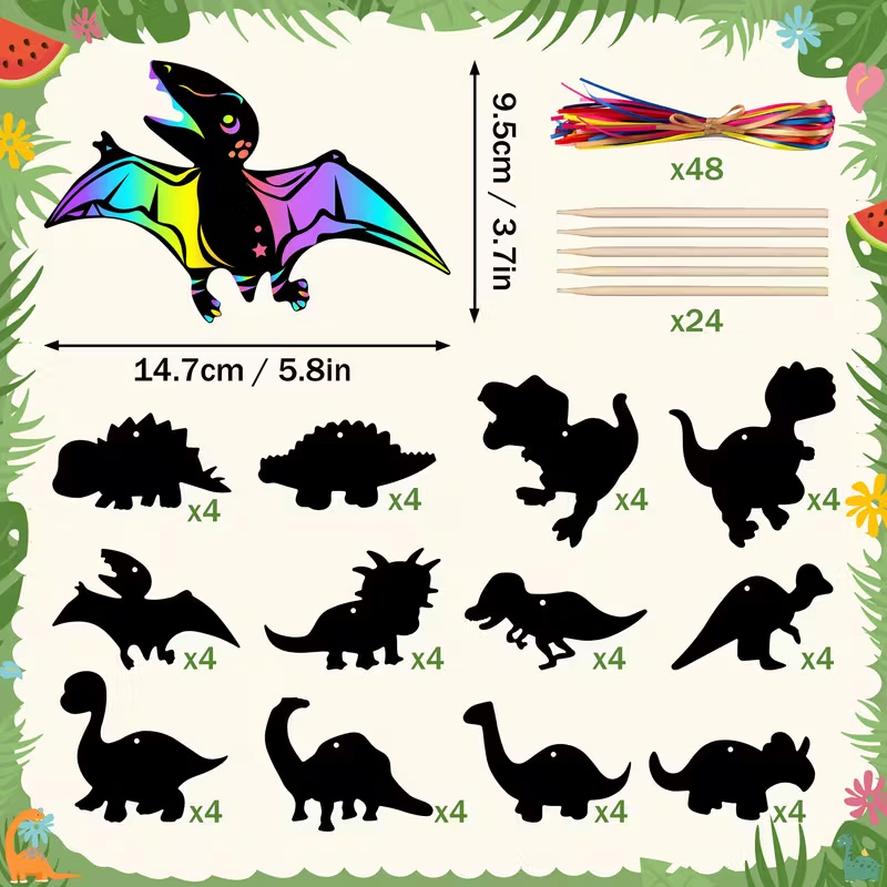 Personalized 48/24pcs Rainbow Dinosaur Scratch Art Set  Dinosaur Party and Room Decor Classroom Craft Birthday Party Supplies Gift for boy and girl Gift for kids Party Favors Event Organizers 