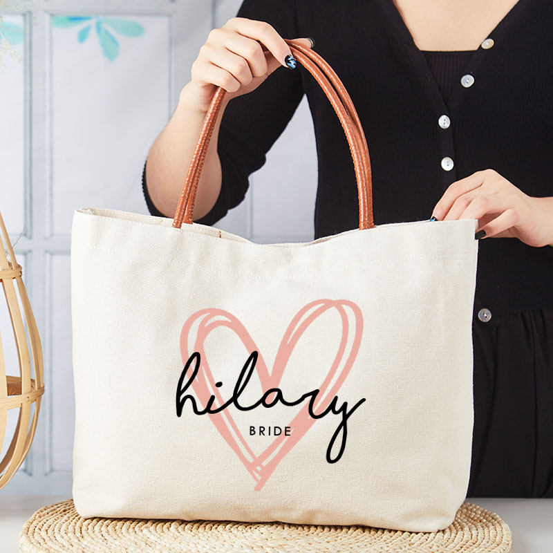 Personalized Bridesmaid Pink Heart Tote Bag with Name Bride Tote Bridal Party Gift