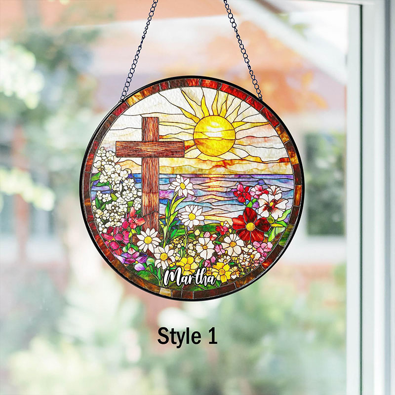 Personalized Cross Wildflowers Stained Glass Suncatcher Ornament with Name Window Balcony Hanging Decor Home Decor Religious Faith Gift