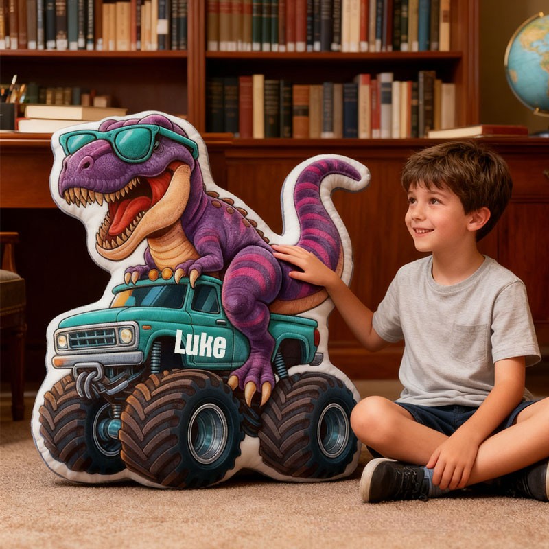Personalized Dinosaur Monster Truck Name Custom Soft Decorative Gift Cool Adventure Style Fun Playful Cozy Boy Room Exciting Power Wheels Jurassic Fun Graphic 3D Print Pillow
