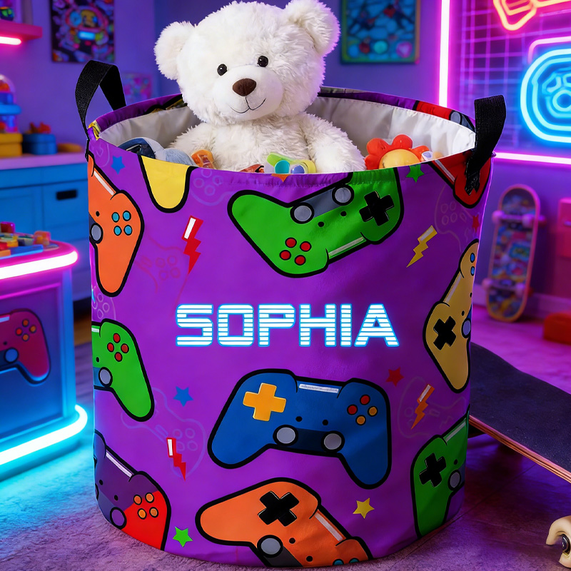 Personalized Gamepad Waterproof Laundry Basket with Handle and Name Bedroom Laundry Room Birthday Gift for Gamer Geek Lover