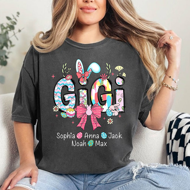 Personalized Gigi Easter Shirt with Grandkids Names, Cute Bunny Spring Family Tee Easter Gift for Grandma