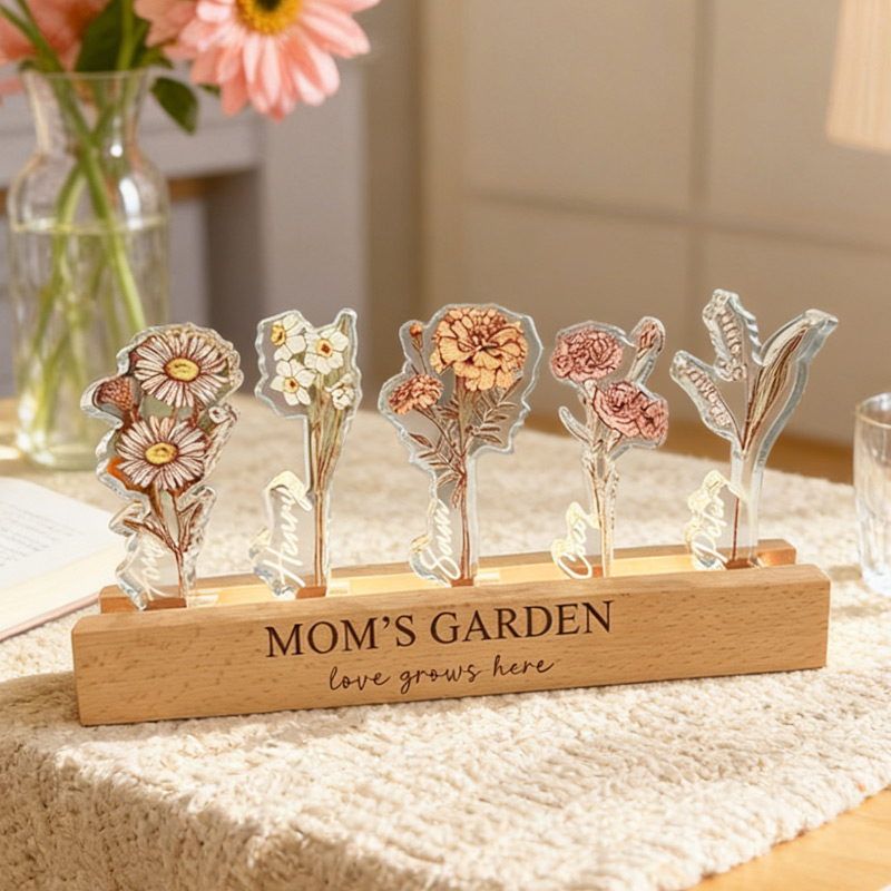 Personalized Birth Flower Acrylic LED Light With Kids Name Mom's Garden Night Light Custom Crystal Flower Display Wooden Base Birth Month Floral Decor Mother's Day Gift for Mom