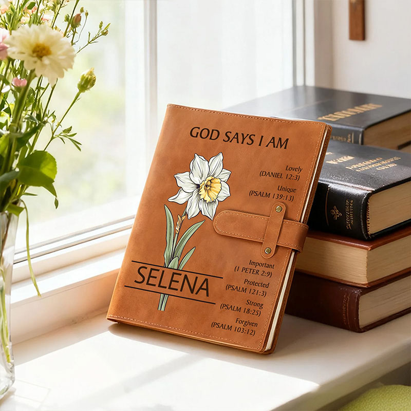 Personalized God Says you are Birth Flower PU Leather Notebook Cover with Name Religious Gift Birthday Gift for Christian