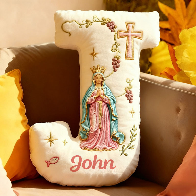 Personalized Cross Virgin Mary Letter Pillow with Custom Name Home Decor Graphic 3D Print Pillow Religious Faith Gift Catholic Gift