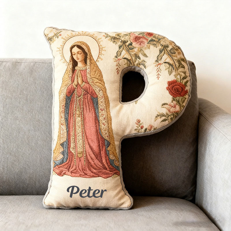 Personalized Our Lady of Guadalupe Rose Floral Graphic 3D Print Letter Pillow with Custom Name Religious Home Decor Catholic Gift for Women