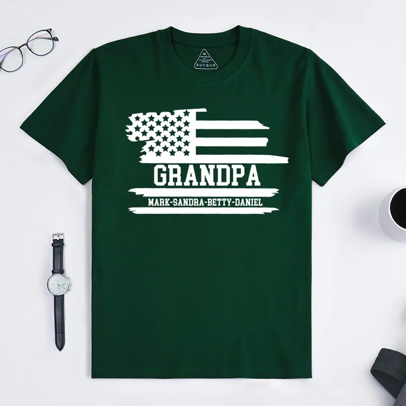 Personalized Grandpa Flag T-Shirt with Grandkids Names Gift for Grandfather Father's Day Birthday Comfortable Cotton Shirt for Men