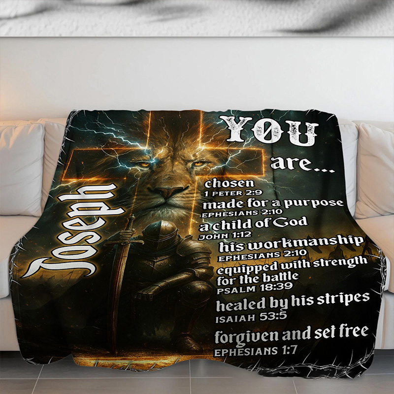 Personalized Lion of Judah You are Chosen Throw Blanket with Name Bible Verse Cross Home Decor Religious Gift Christian Gift for Men 