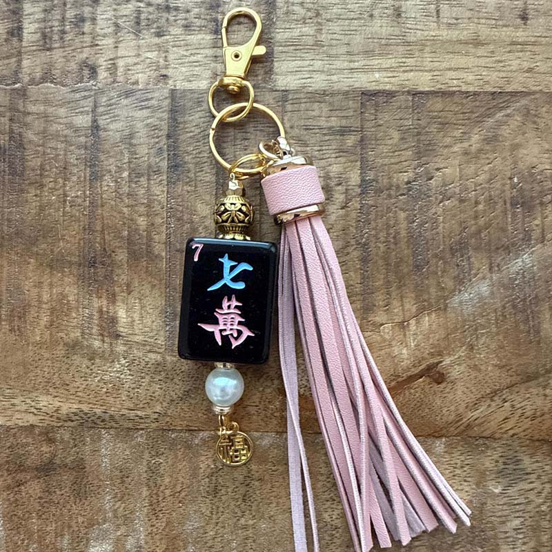 Handmade Mahjong Tile Bag Charm with Tassel Mixed Beads Mahjong Tile Keychain