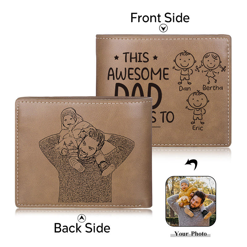 Personalised Doll Engraved Leather Men's Wallet Custome Name Folding Wallet With Kids Name for Dad Father's Day Gift