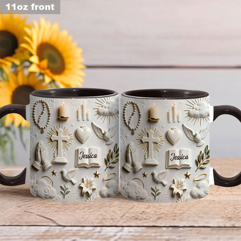 Personalized Cross Bible Dove 11oz Ceramic Mug with Name Prayer Hand 3D Coffee Cup Religious Gift Faith Gift for Christians