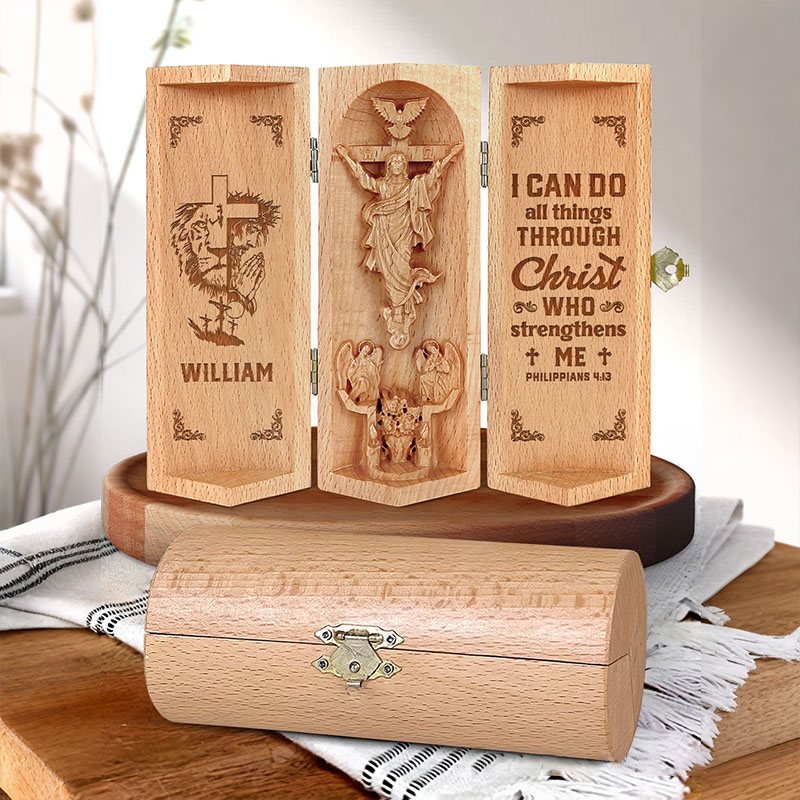 Personalized Bold Faith Strong Grace Lion of Judah Openable Wooden Cylinder Sculpture of Jesus Christ with Name Religious Gift for Christians