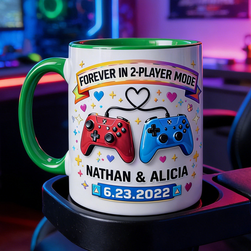 Personalized Gamer Player Two Couple Coffee Mug Gaming Controller Mug with Names and Date for Geek Lover