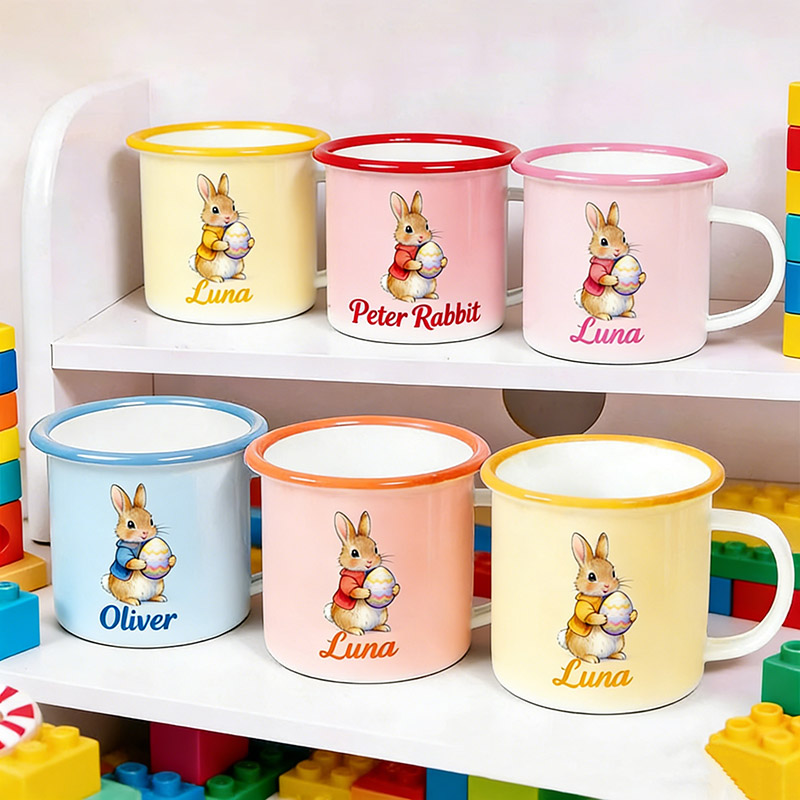 Personalized Cute Easter Egg Rabbit Bunny Enamel Mug with Name Back to School Birthday Easter Gift for Kids