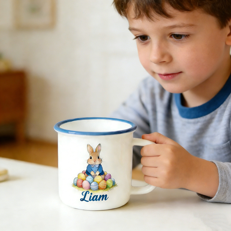 Personalized Cute Easter Egg and Rabbit Bunny Enamel Mug with Name Back to School Birthday Easter Gift for Kids