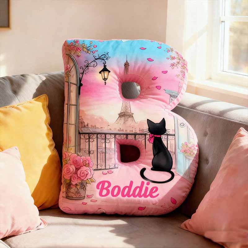 Personalized Cat Lover Flowers Black Cat Letter Pillow with Custom Name Graphic 3D Print