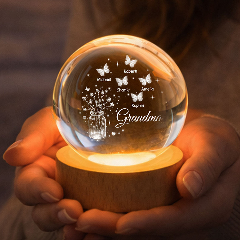 Personalized Grandma Butterfly Flower Jar Crystal Ball LED Night Light Birthday Mother's Day Gift for Grandma