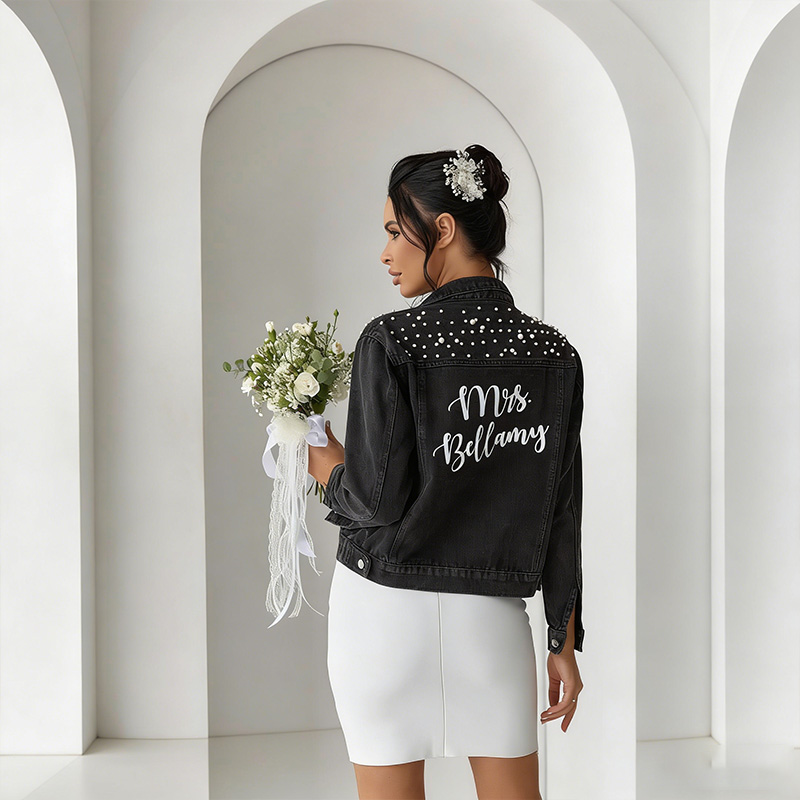 Personalized Denim Jacket Wedding Denim Jacket with Pearls Custom Mrs Bride Jean Jacket Bridal Gift Wedding Gift Mrs Jacket Pear Gift