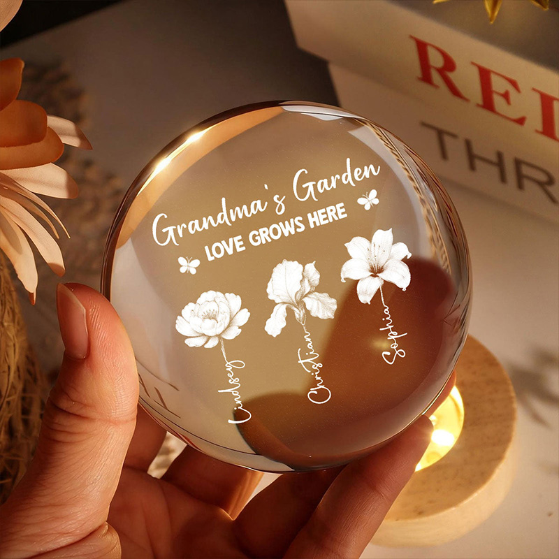 Personalized Grandma's Garden 3D Effect Birth Month Flowers Crystal Ball LED Night Light Birthday Mother's Day Gift for Grandma