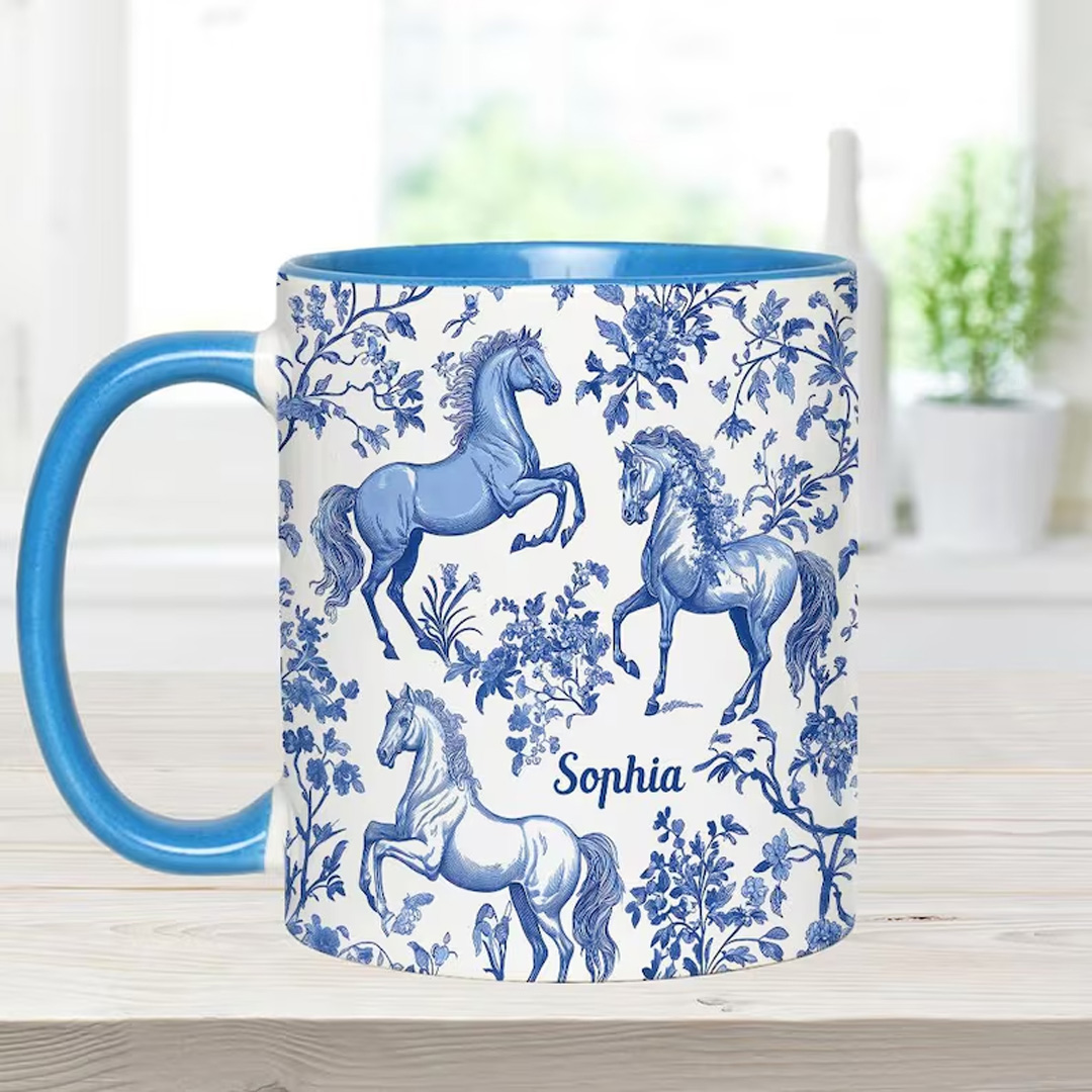 Personalized Multicolor Equestrianism Pattern Ceramic Coffee Mug with Text and Coaster Anniversary Birthday Gift for Equestrians Cowgirls Riding Lovers