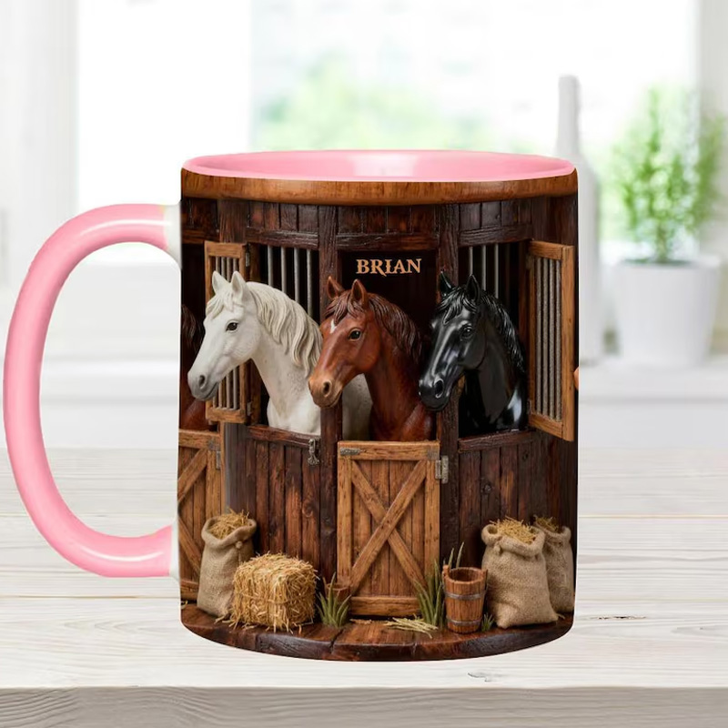 Personalized Horse Farm Accent Mug Horses In Stable Ceramic Cup Gift for Equestrian Horse Riding Lovers
