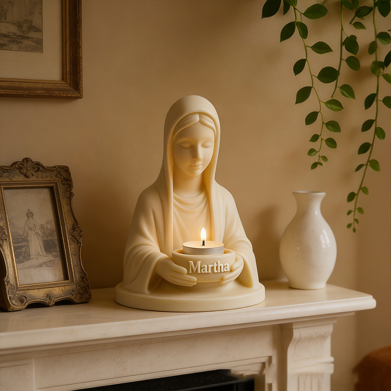 Personalized 3D Printable Virgin Mary Tealight Candle Holder with Custom Name Lady Guadalupe Stand Catholic Home Decor Prayer Space Spiritual Gift