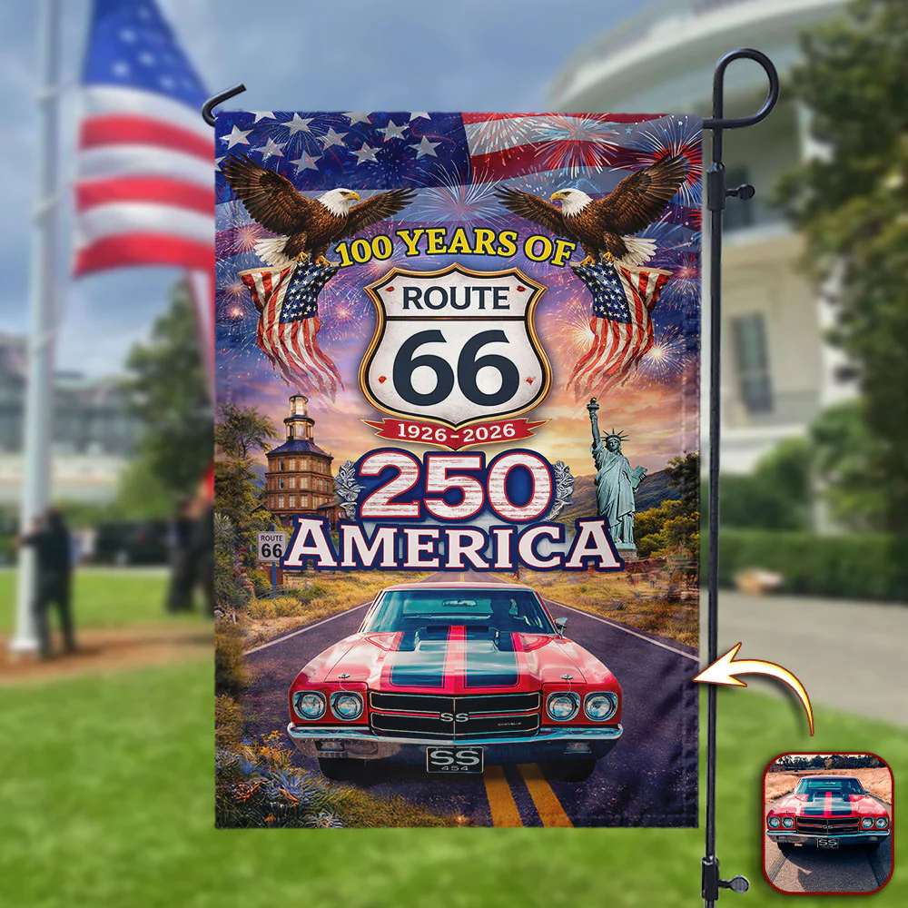 Personalized 100 Years Of Route 66 Garden Flag 250 America Classic Car Patriotic Flag Yard Banner For Outdoor Decor