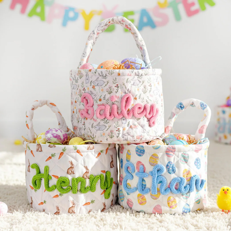 Personalized Easter Basket Quilted Spring Egg Hunt Bucket Boys Girls Bunny Easter Baskets gift for kids Custom Name Basket Easter Decor