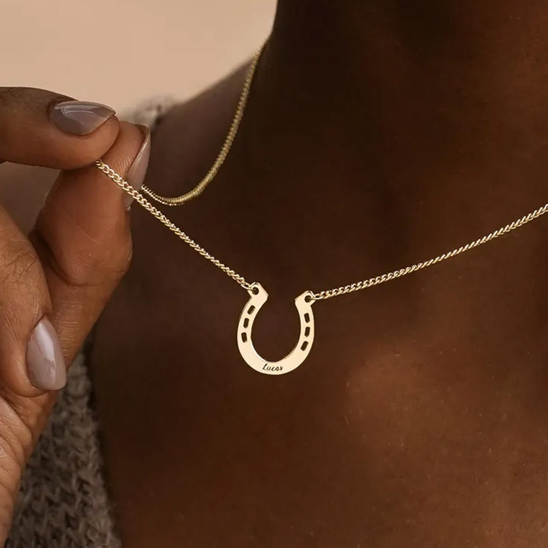 Personalized Horseshoe Charm Necklace with Name Jewelry Cube Gift for Equestrian Riding Lovers