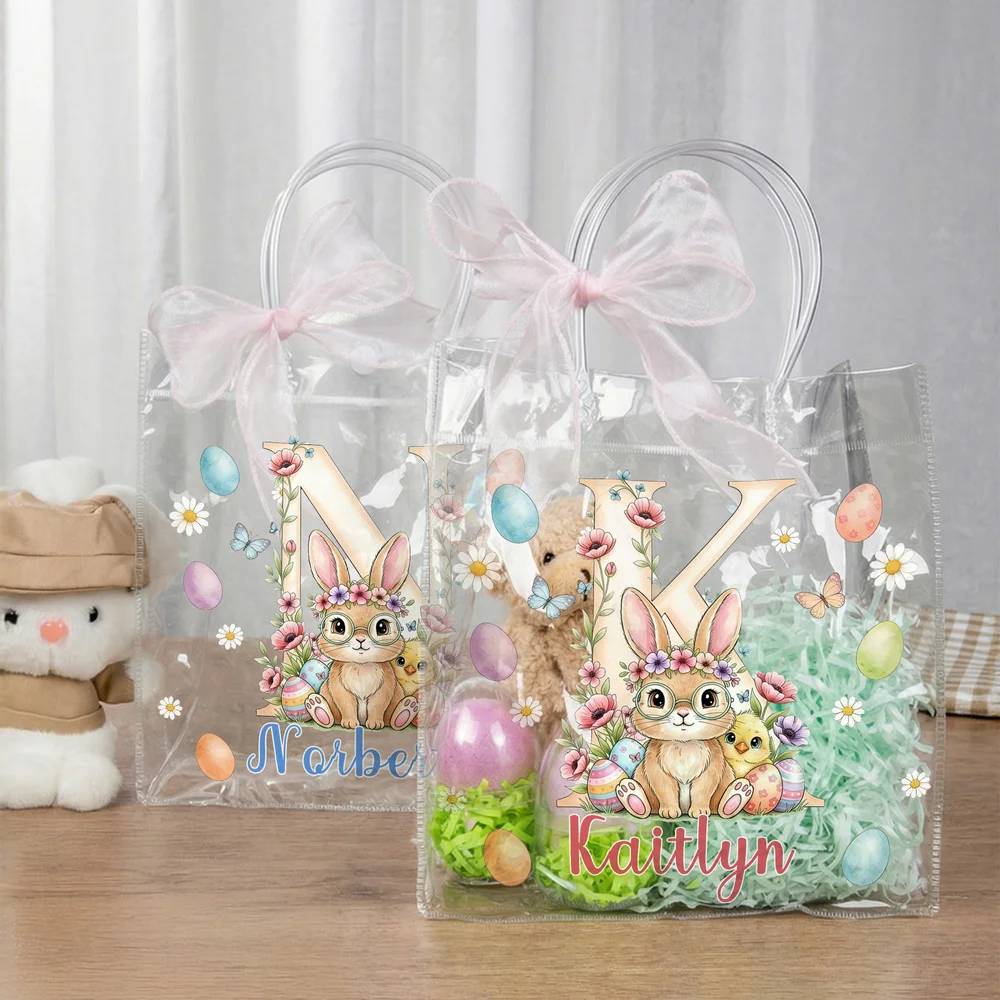 Personalized Pink Bow Ribbon Colorful Easter Eggs Rabbit Chicks Clear Gift Bag with Name and Initial Easter Party Favors Gift for Kids
