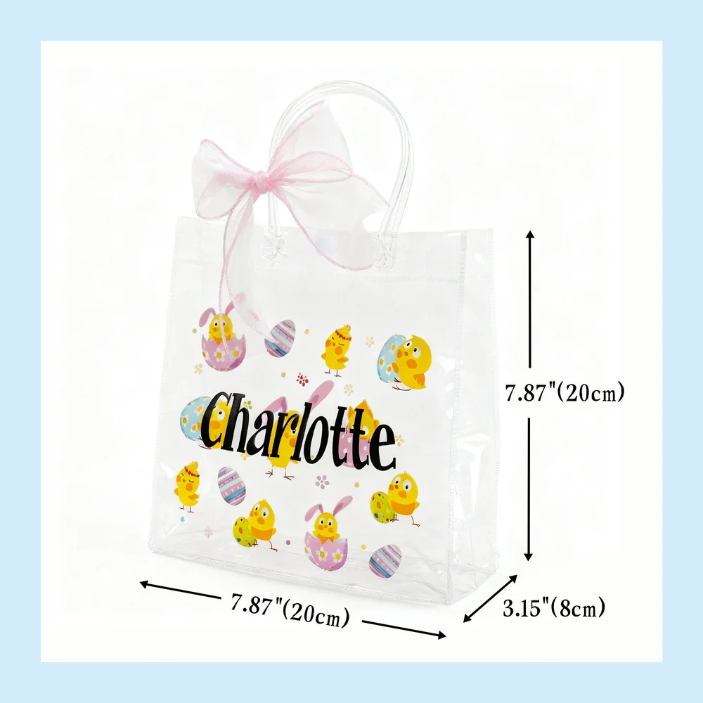 Personalized Pink Bow Ribbon Colorful Easter Eggs Chicks Clear Gift Bag with Name Holiday Treat Packaging Easter Party Favors Gift for Kids