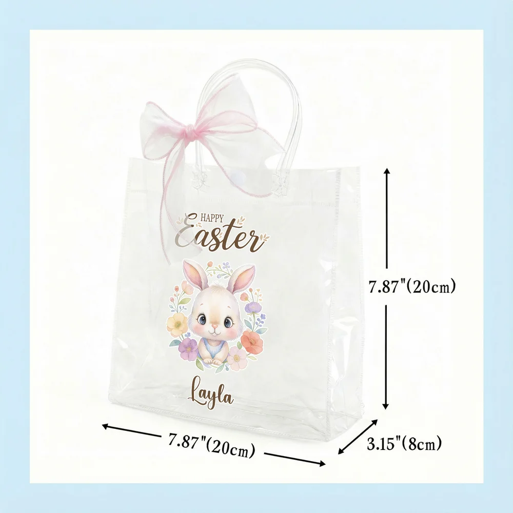 Personalized Floral Animals Clear Gift Bag with Name and Pink Bow Ribbon Holiday Treat Packaging Easter Party Favors Gift for Kids